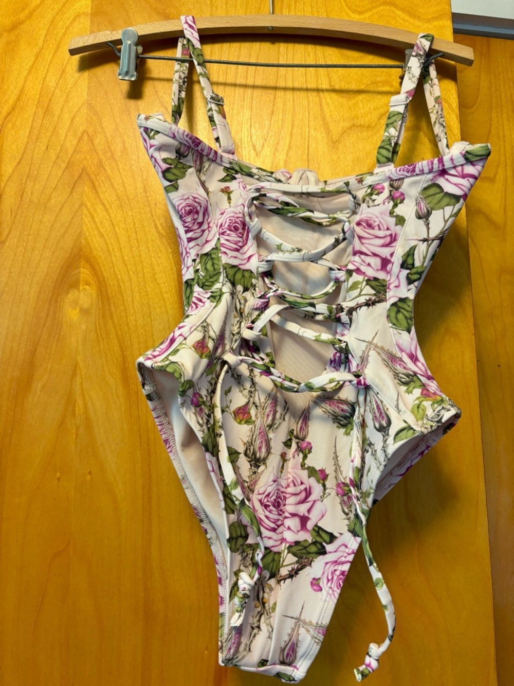Floral Pink Rose One-Piece Swimsuit with Cutouts - Picture 2 of 12